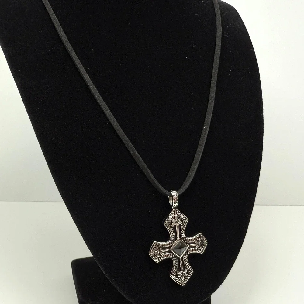 Stainless Steel Black Agate Cross Pendant Necklace Vintage Antique Style Silver